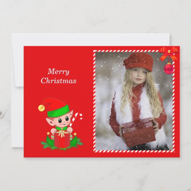 Carte Elfe de Noël moderne et photo personnalisée en rou (Devant)