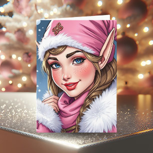 Carte Elfe rose mignon Joyeux Noël