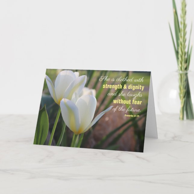 Carte Elle est vêtue Proverbes 31:25 Tulipe blanche (Devant)