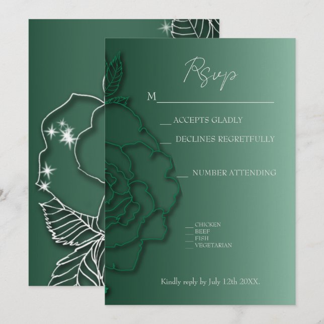 Carte Emerald green Argent floral Elégant mariage (Devant / Derrière)