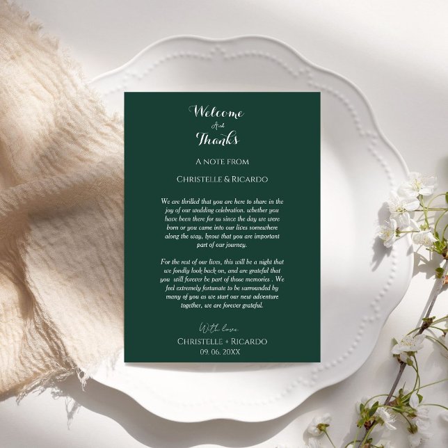 Carte Emerald green Bienvenue et merci Mariage note (Créateur téléchargé)