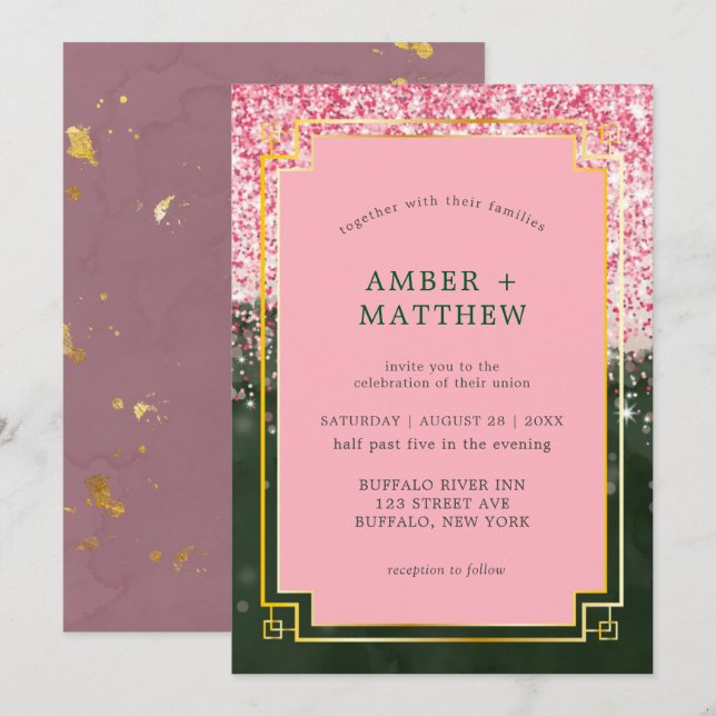 Carte Emerald Green Canyon Rose Art Déco Mariage invite (Devant / Derrière)