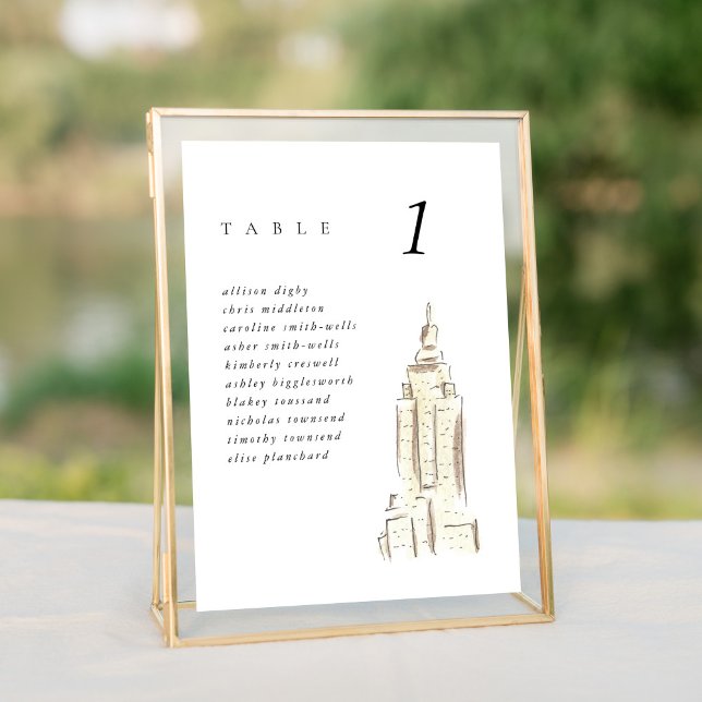 Carte Empire State Building NYC Mariage Seating Chart (Watercolor Empire State Building chic New York City skyline wedding table number cards.)