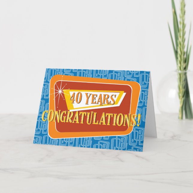 Carte Employé 40e Anniversaire Rétro Bleu Rouge Orange (Devant)