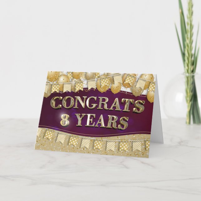 Carte Employé 8e anniversaire Gold Texte et Ballons (Devant)