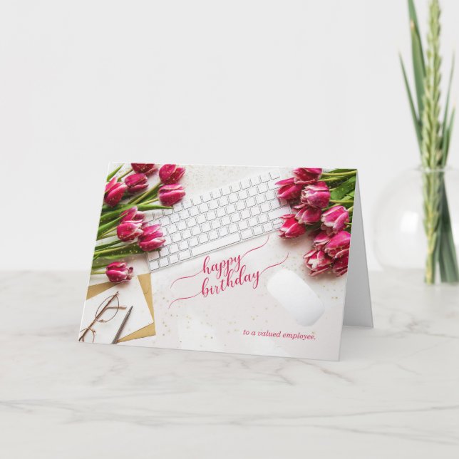 Carte Employee's Birthday Pink Tulips and Desktop (Devant)