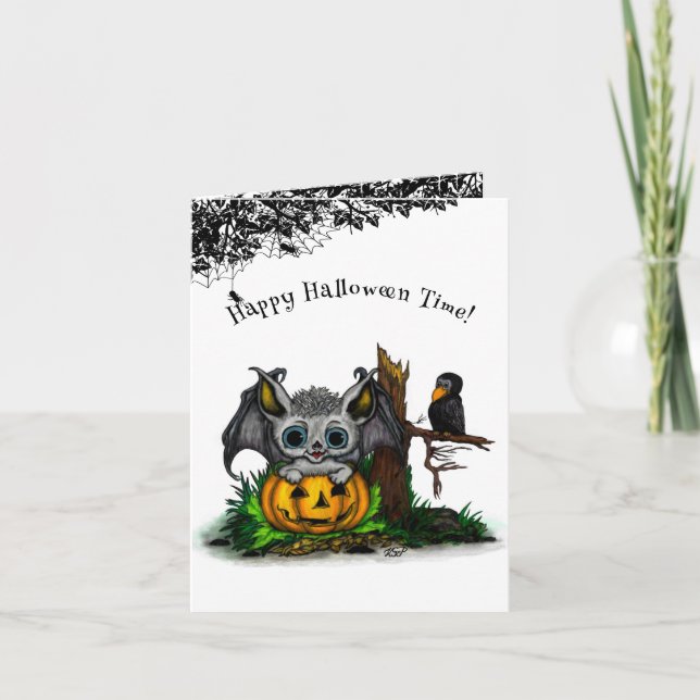 Carte En attente d'Halloween, Bat mignonne et Corbeau (Devant)