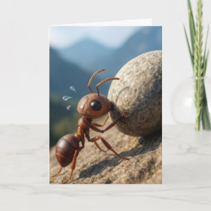 Carte En pensant à vous, une fourmi pousse un gros roche