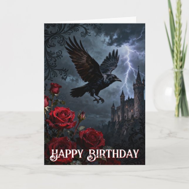 Carte Enchanted Spooky Gothic Castle Raven Birthday (Devant)