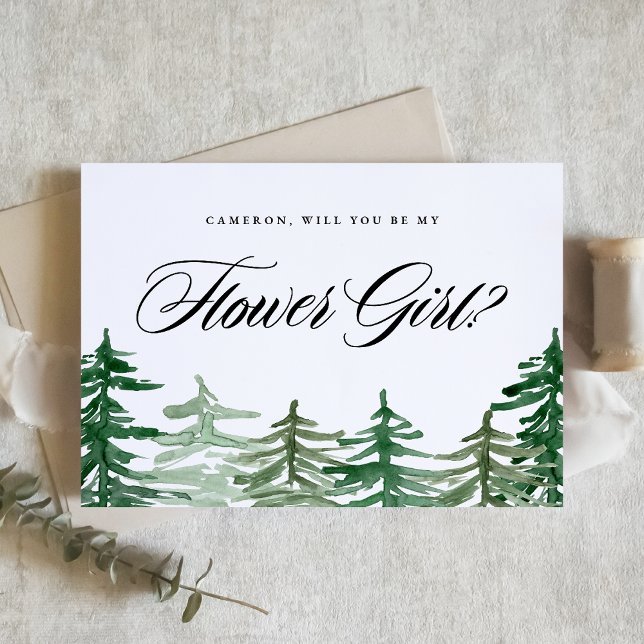 Carte Enchanter Woodland Seras-Tu Ma Fille Fleur ( Customizable Woodland "Will You Be My Flower Girl?" Card featuring enchanting watercolor forest.)