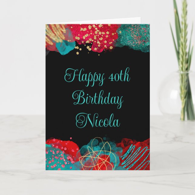 Carte Encre d'alcool rouge et bleu Turquoise Anniversair (Devant)