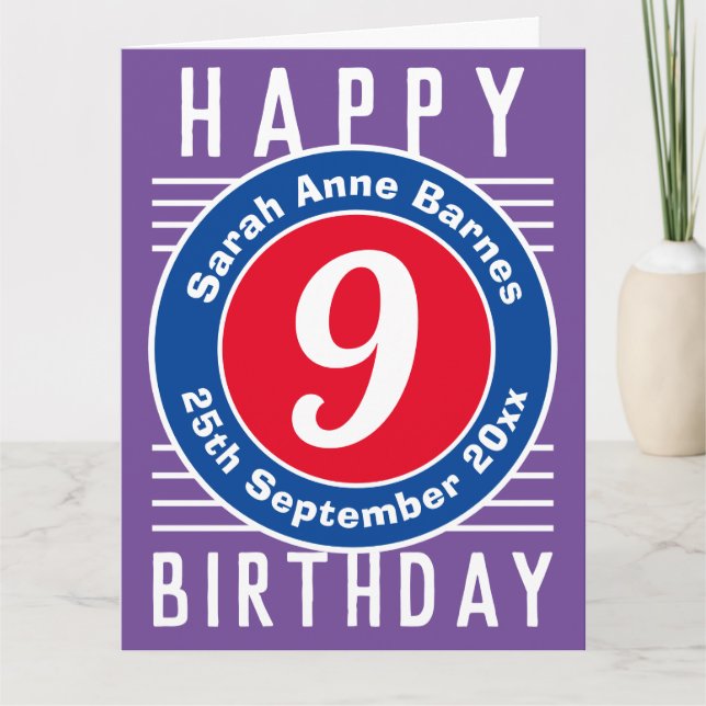 Carte enfant 9e anniversaire avec âge, nom et date (Devant)
