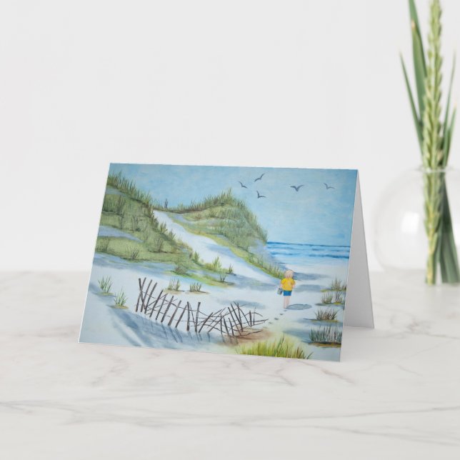 Carte enfant aquarelle marchant sur la plage (Devant)