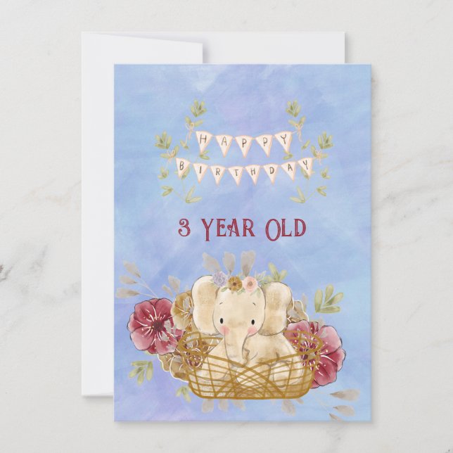 Carte Enfant de 3 ans Joyeux anniversaire Elephant Baby  (Devant)