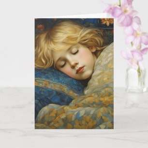 Carte Enfant dormant rêvé dans une courtepointe fleurie