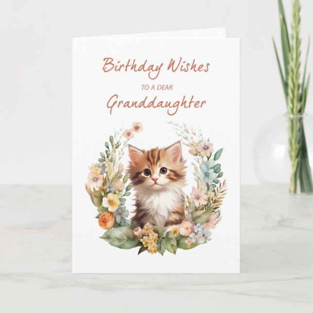 Carte Enfant-fille Anniversaire avec chat mignon en cour (Devant)
