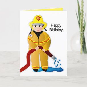Carte Enfant garçon d'anniversaire pompier avec tuyau d'