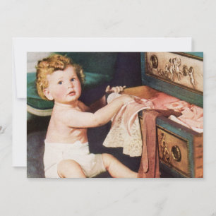 Carte Enfant Mignon Vintage Jouant avec la Commode à Vêt