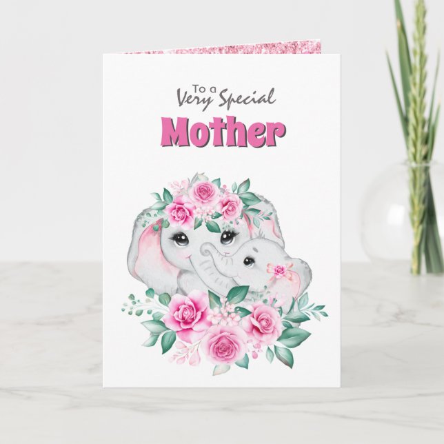 Carte Enfant rose mère éléphant rose spécial (Devant)