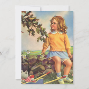 Carte Enfant vintage, Fille observant les oiseaux dans l