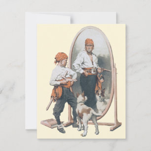 Carte Enfant Vintage, Garçon Pirate, Chien, Miroir, Bouc