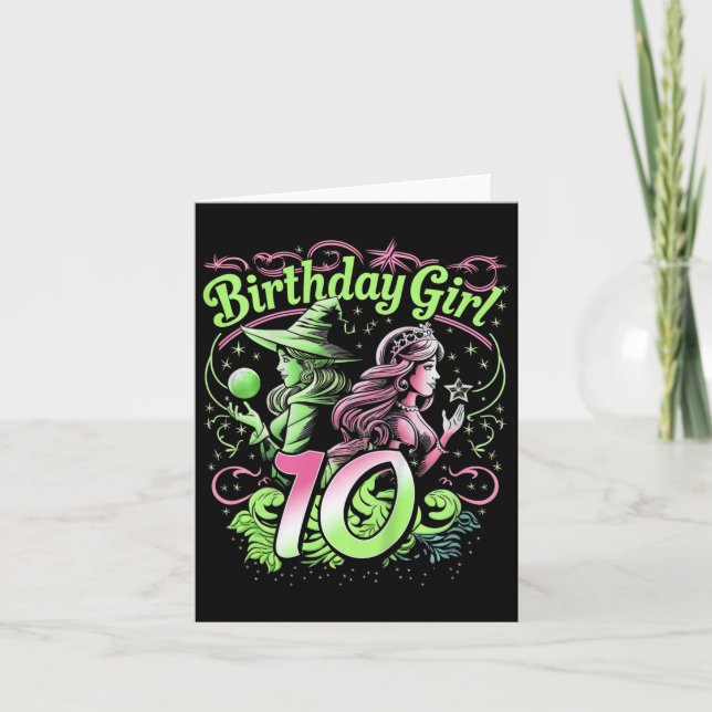 Carte Enfants 10e Anniversaire Sorcière rose et vert 10  (Devant)