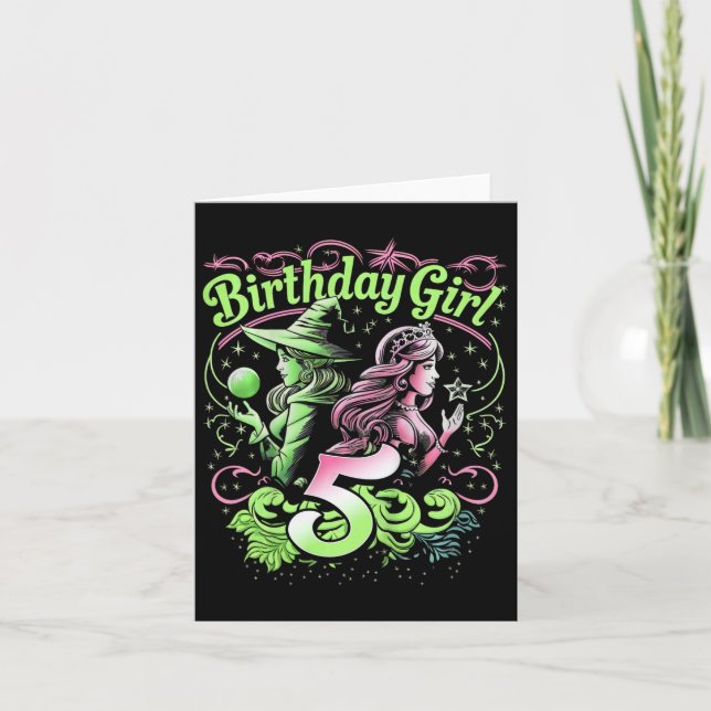 Carte Enfants 5e Anniversaire Sorcière rose et verte 5 A (Devant)
