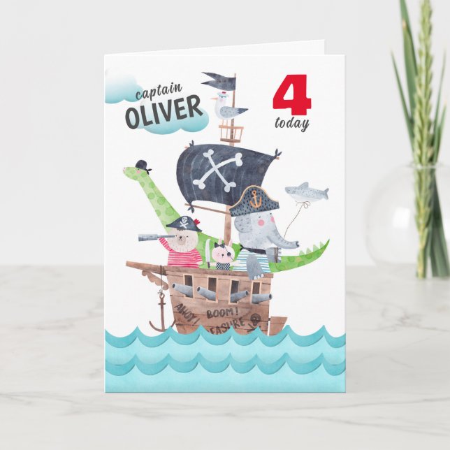 Carte Enfants amusants Pirate Animaux Anniversaire Salut (Devant)