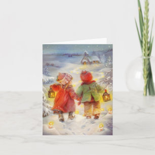 Carte Enfants de style vintage marchant dans la neige