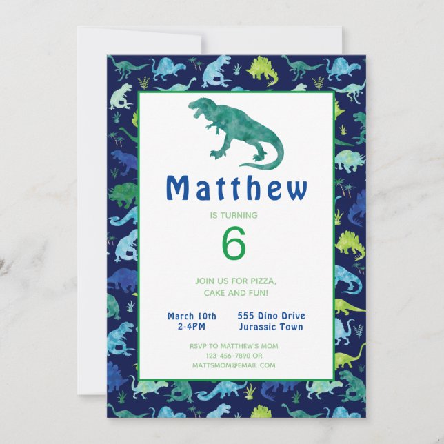 Carte Enfants Dinosaur Anniversaire fête de l'aquarelle  (Devant)