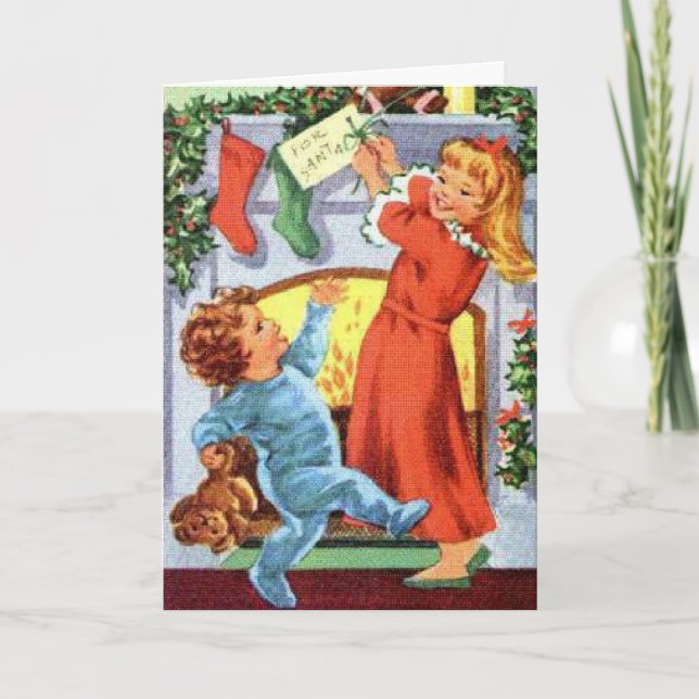Carte Enfants en pyjama patenté à Christmas Stockings (Devant)
