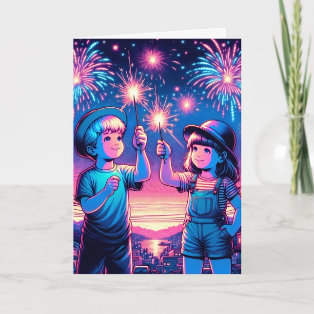 Carte Enfants tenant un feu d'artifice le 4 juillet (Devant)