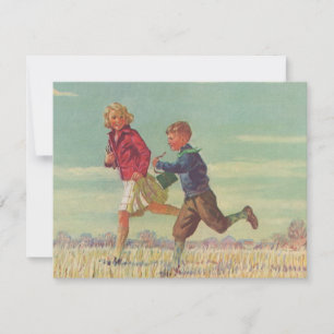Carte Enfants vintage courant à l'école avec des livres
