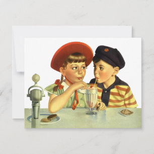 Carte Enfants vintage, garçon et fille partageant un sha