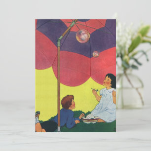 Carte Enfants vintage soufflant des bulles sous un parap