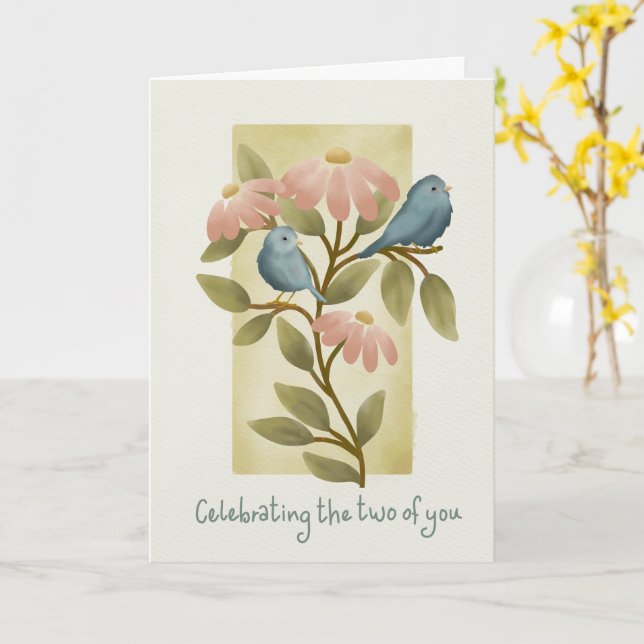 Carte Engagement Congratulations Watercolor Blue Birds a (Fleur jaune)