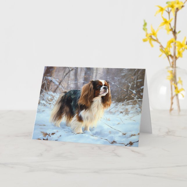 Carte English Toy Spaniel Laisser Neige Noël (Fleur jaune)
