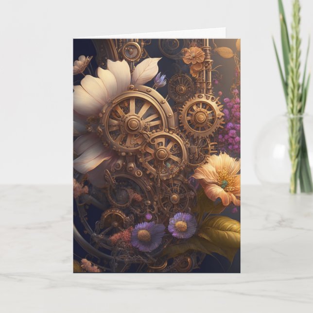 Carte Engrenages à vapeur et fleurs | Je Dis Salut (Devant)