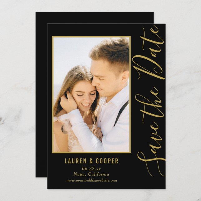 Carte Enregistrer La Date Black Gold Style Mariage moder (Devant / Derrière)