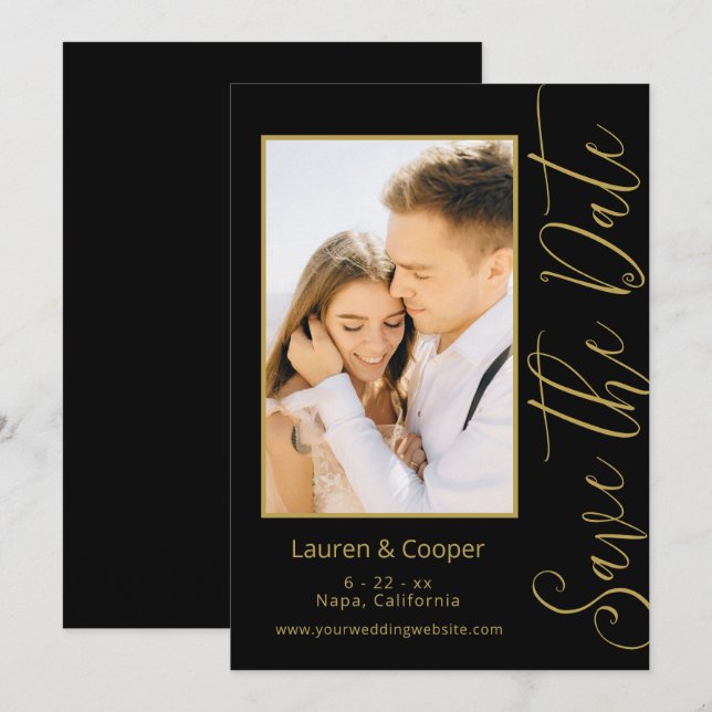 Carte Enregistrer La Date Black Gold Style Mariage moder (Devant / Derrière)