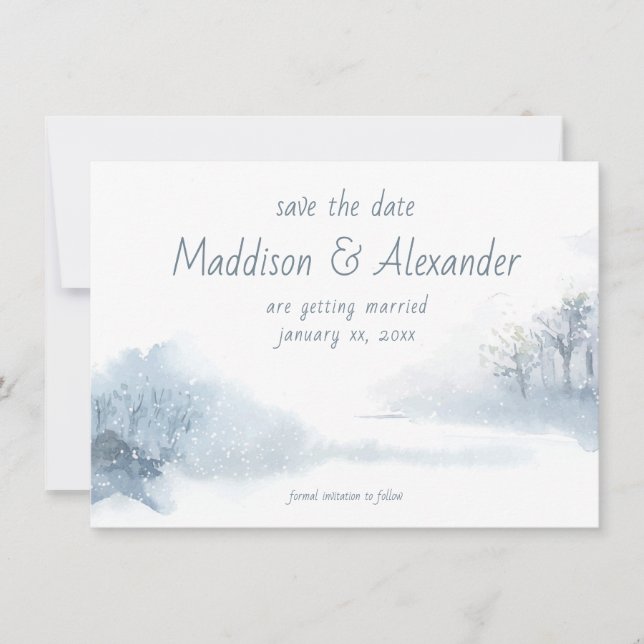 Carte Enregistrer La Date, Hiver, Mariage, Bleu, Blanc (Devant)