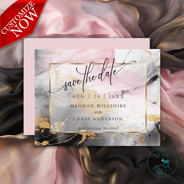 Carte Enregistrer la date Marbled Rose Black Gold Abstra (Easy to Customize )