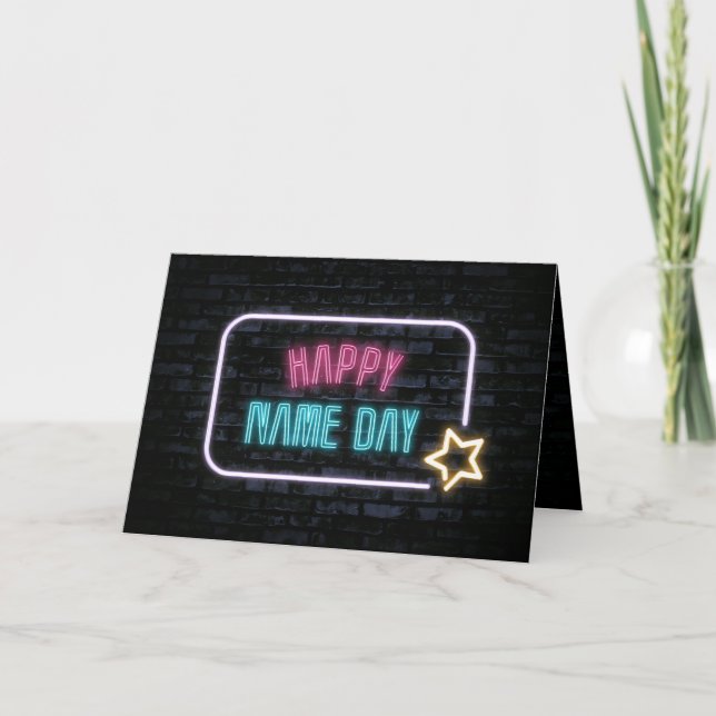 Carte Enseigne néon de jour de fête sur brique (Devant)