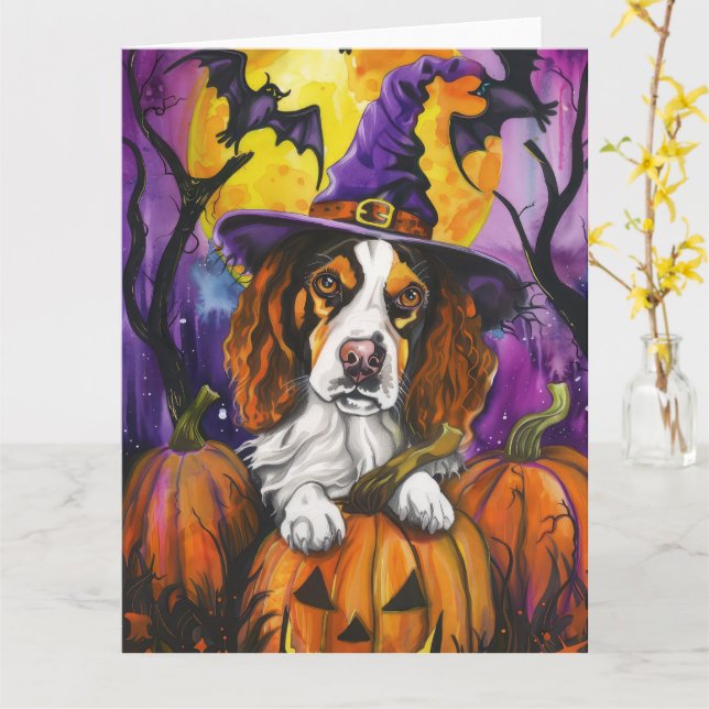 Carte Épouvantable Brittany Spaniel Halloween Sorcière C (Fleur jaune)