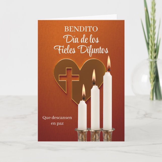 Carte Espagnol All Souls Day Heart Cross and Lit Candles (Devant)