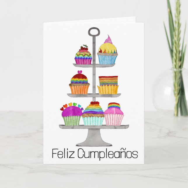 Carte Espagnol Anniversaire Rainbow couleur cupcakes Car (Devant)