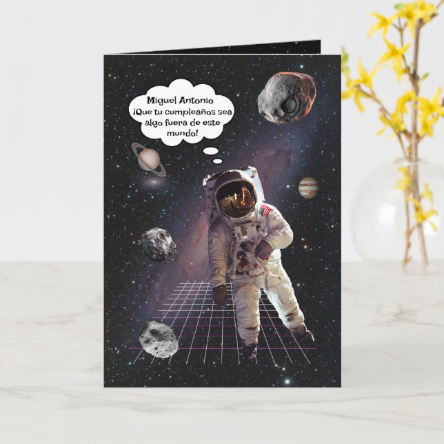 Carte Espagnol Explorer astronaute garçon Anniversaire (Fleur jaune)