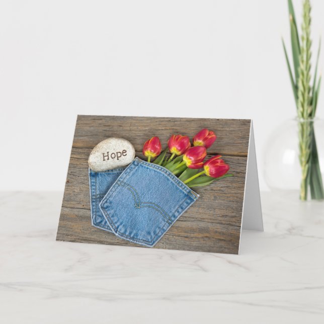 Carte Espoir tulipes dans la poche en jean bleu (Devant)
