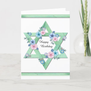 Carte Etoile verte de David aux fleurs bleues et roses