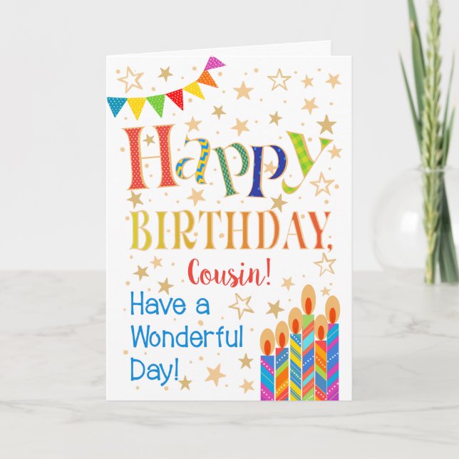 Carte Étoiles, Bunting, Bougies pour Cousin Anniversaire (Devant)